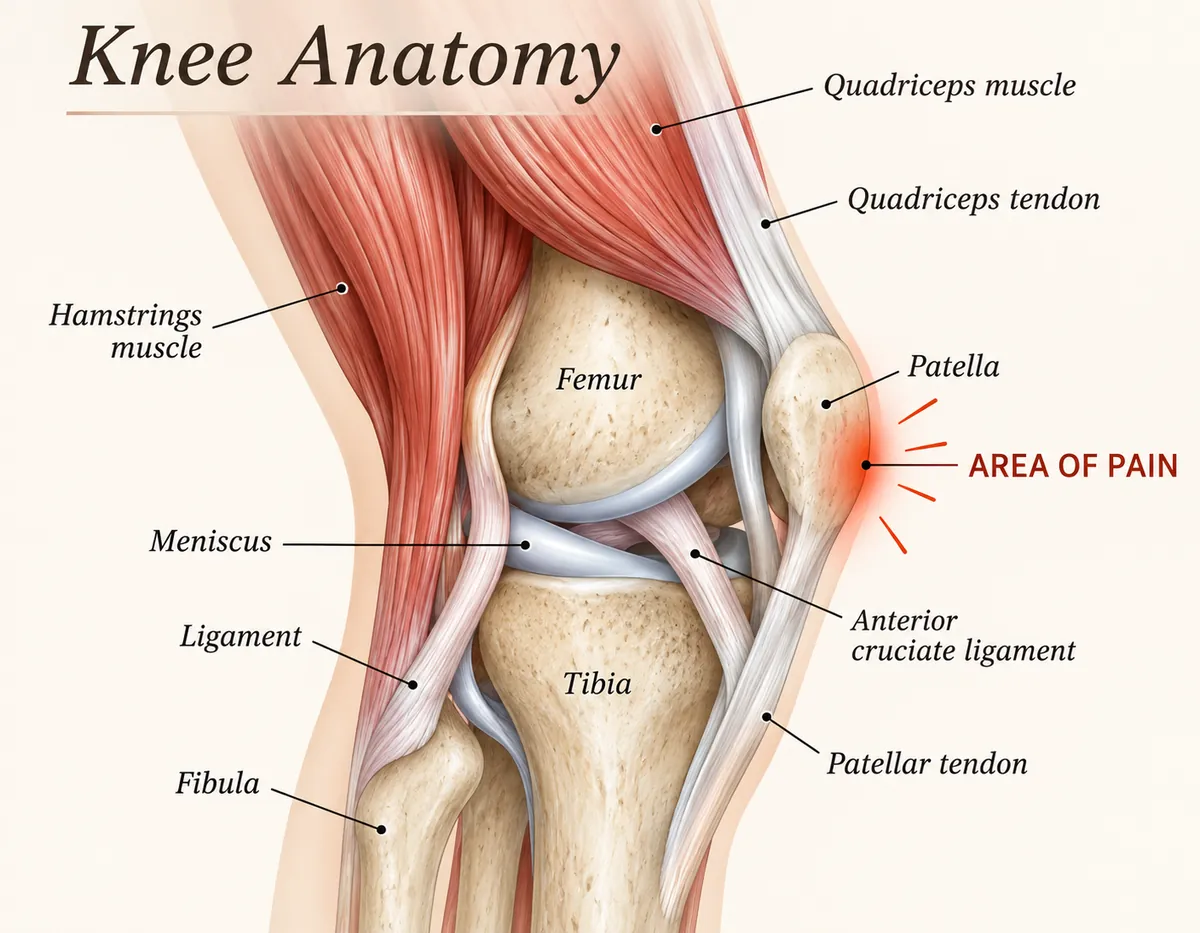 Labeled illustration of knee anatomy showing the patella, tendons, ligaments and meniscus